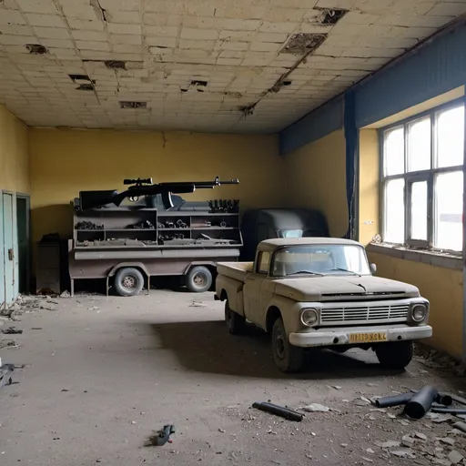 Prompt: Abandoned Soviet 1960s gun shop with some guns still inside and a work truck carrying some guns still inside.