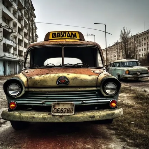 Prompt: An old Soviet taxi from the 1960s sitting abandoned in the same parking spot that it has been in for over 60 years next by the abandoned Soviet apartment.