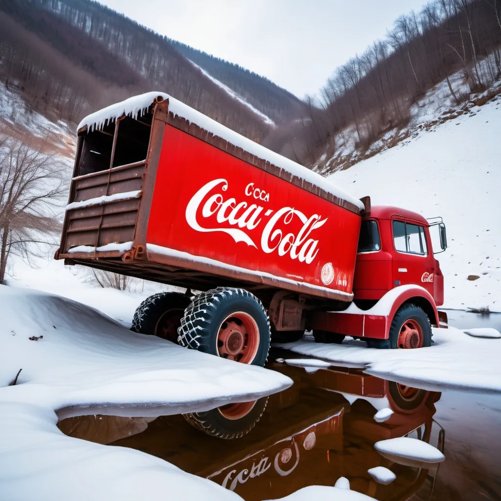 Prompt: Abandoned Soviet truck full of Coca Cola from the 1960s on a snowy hillside that is flipped over on the side and spilling its contents out and very rusty and slightly in a frozen river and lake.