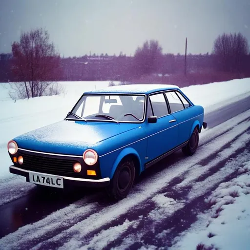 Prompt: Blue black Russian Lada from the 1970s sitting in a snowy ditch with cars passing it on the road next to it.