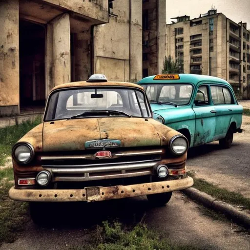 Prompt: An old Soviet taxi from the 1960s sitting abandoned in the same parking spot that it has been in for over 60 years next by the abandoned Soviet apartment.