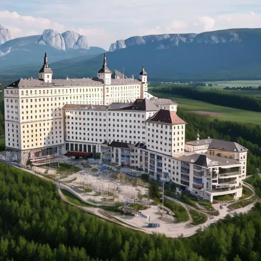 Prompt: The Hotel Panorama located in Slovakia,which was featured on Molchat Doma's album Etazhi.