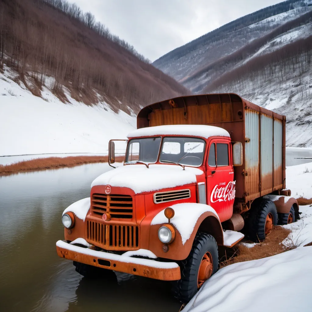 Prompt: Abandoned Soviet truck full of Coca Cola from the 1960s on a snowy hillside tipped over and very rusty and slightly in a frozen river and lake.