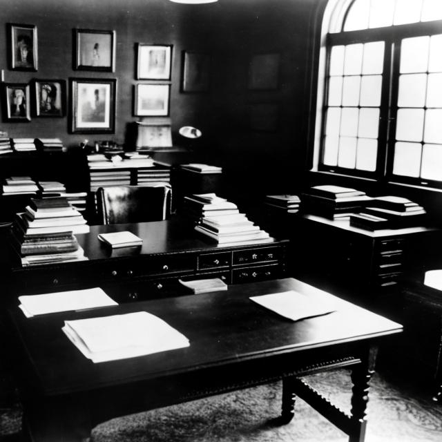 Prompt: Albert Einstein's desk on the day of his death.