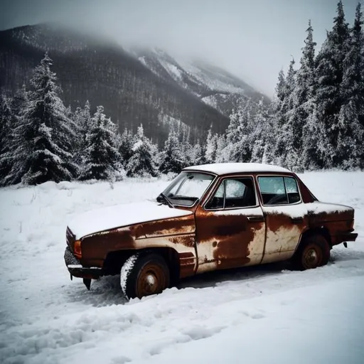 Prompt: An old Soviet car stuck in the snow in the mountains propped up with one of its tires fallen off.