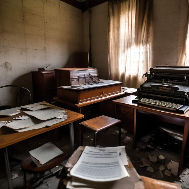 Prompt: Abandoned dusty desk with old papers on it and a broken typewriter in an abandoned Soviet office building from the 1960s with an abandoned Soviet car from the 1960s in the far corner of the room.