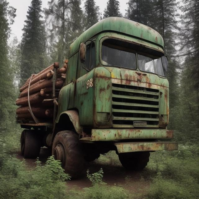 Prompt: Abandoned 1960s Soviet logging truck that is slightly tilted over in the forest and is still carrying a giant log on it that was never used.