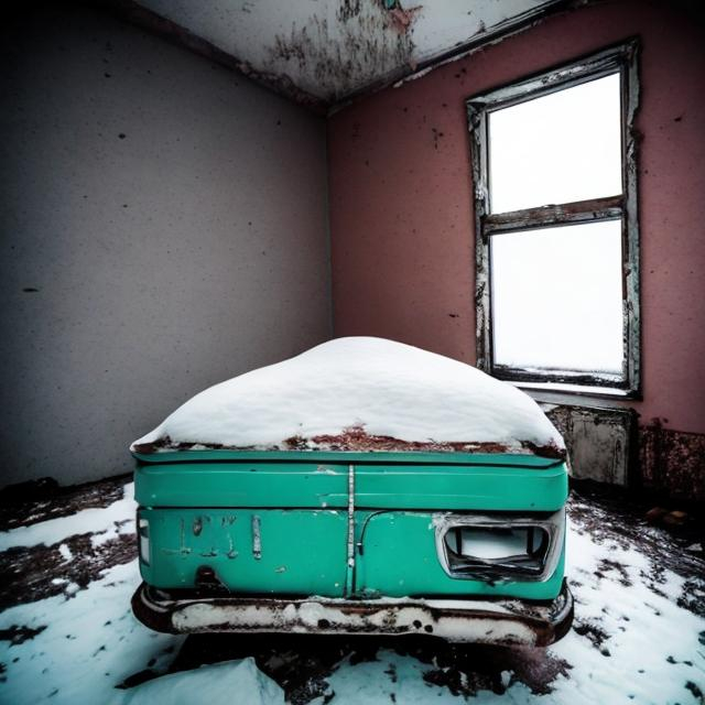 Prompt: 1960s abandoned Soviet car box style that has snow covering it and is inside of an old abandoned Soviet office building from the 1960s.