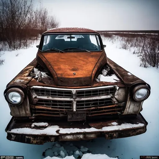 Prompt: Pictures showing a bunch of old Soviet cars stuck underneath the ice of a old dilapidated Soviet town. 