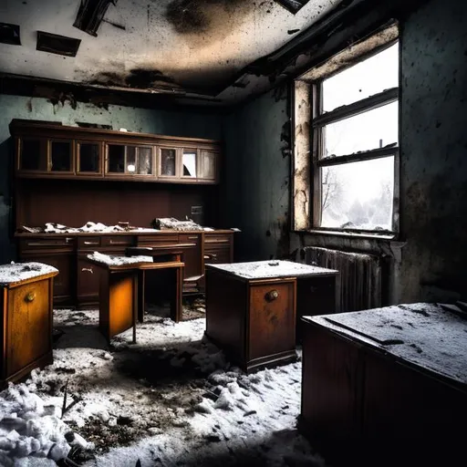 Prompt: Creepy old damp abandoned 1960s office from the Soviet Union during heavy winter snow with many things that have fallen over inside such as cabinets and tables liminal space.