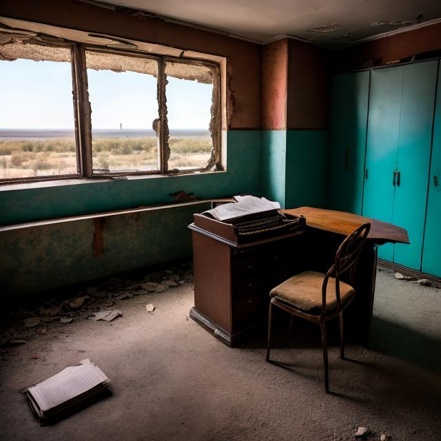 Prompt: Abandoned dusty desk with old papers on it and a broken typewriter in an abandoned Soviet office building from the 1960s with an abandoned Soviet car from the 1960s in the far corner of the room.