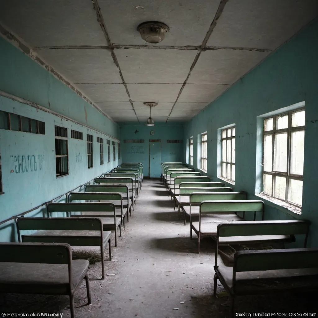 Prompt: Abandoned Soviet 1960s prison with abandoned Soviet prison buses from the 1960s.