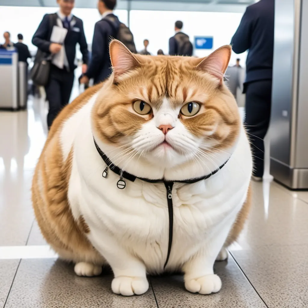 Prompt: chubby cat at airport