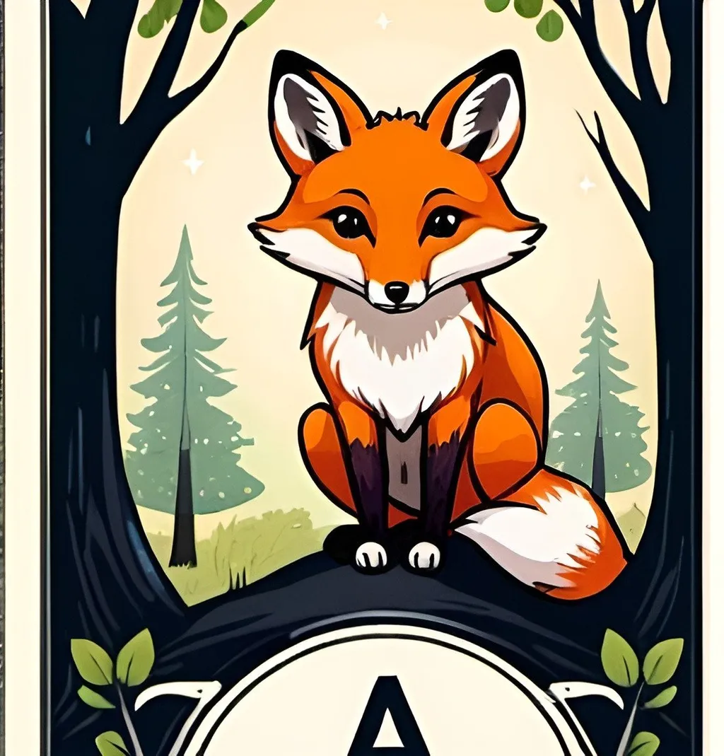 Prompt: tarot card a cute fox with a tree surrounding it