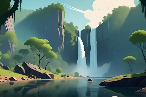 Prompt: A stunning, rugged combat game stage set in a lush valley with a towering waterfall cascading down from a dramatic, rocky cliff in the background. The environment is surrounded by dense green vegetation, creating a vibrant and immersive jungle atmosphere. The foreground features a wide, flat battle area with a mix of natural rock platforms, dirt paths, and scattered boulders, providing strategic vantage points for fighters. Sunlight filters through the trees, casting dynamic shadows, while mist from the waterfall adds a subtle, atmospheric effect. The scene is designed for intense, action-packed combat, with enough space for characters to engage in battles seamlessly. The setting is photorealistic with a cinematic feel, perfect for an adventurous fighting game. Please add a wooden bridge to the foreground and use it as the fighting stage
