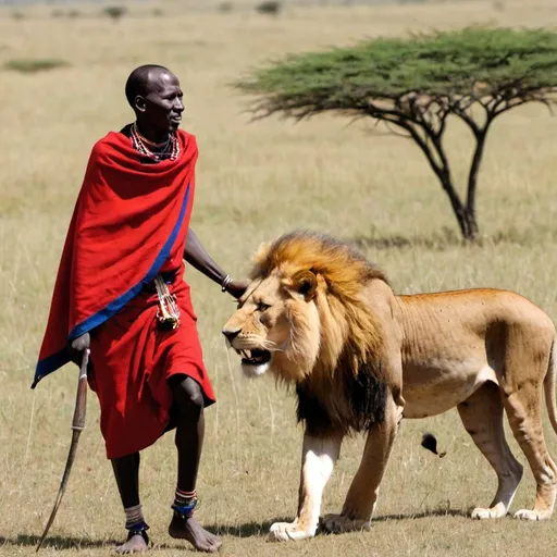 Prompt: A maasai from Tanzania hunting a lion
