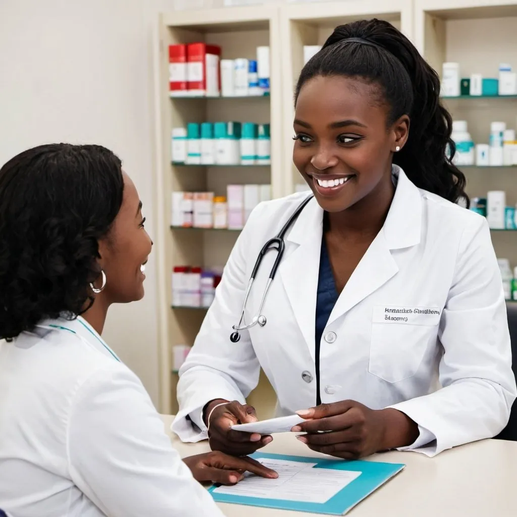 Prompt: A black and beautiful smiling pharmacist counselling a patient