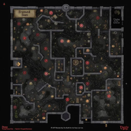 Prompt: A Dnd map with dark, labyrinthine dungeon filled with traps and hidden treasures