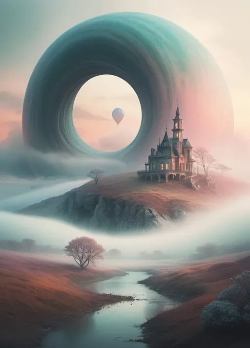 Prompt: (mystical scene), (surreal landscape), ethereal colors, wisps of clouds, swirling fog, soft glowing light, dreamy ambiance, ethereal wildlife, otherworldly shapes, hazy horizons, whimsical architecture, vibrant yet muted tones, high quality, ultra-detailed, atmospheric depth.