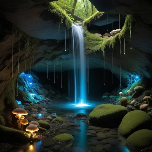 Prompt: A waterfall is parted by rocks to create an opening into a mossy cave with bioluminescence mushrooms and glowing fireflies and lined with sparkling crystals 