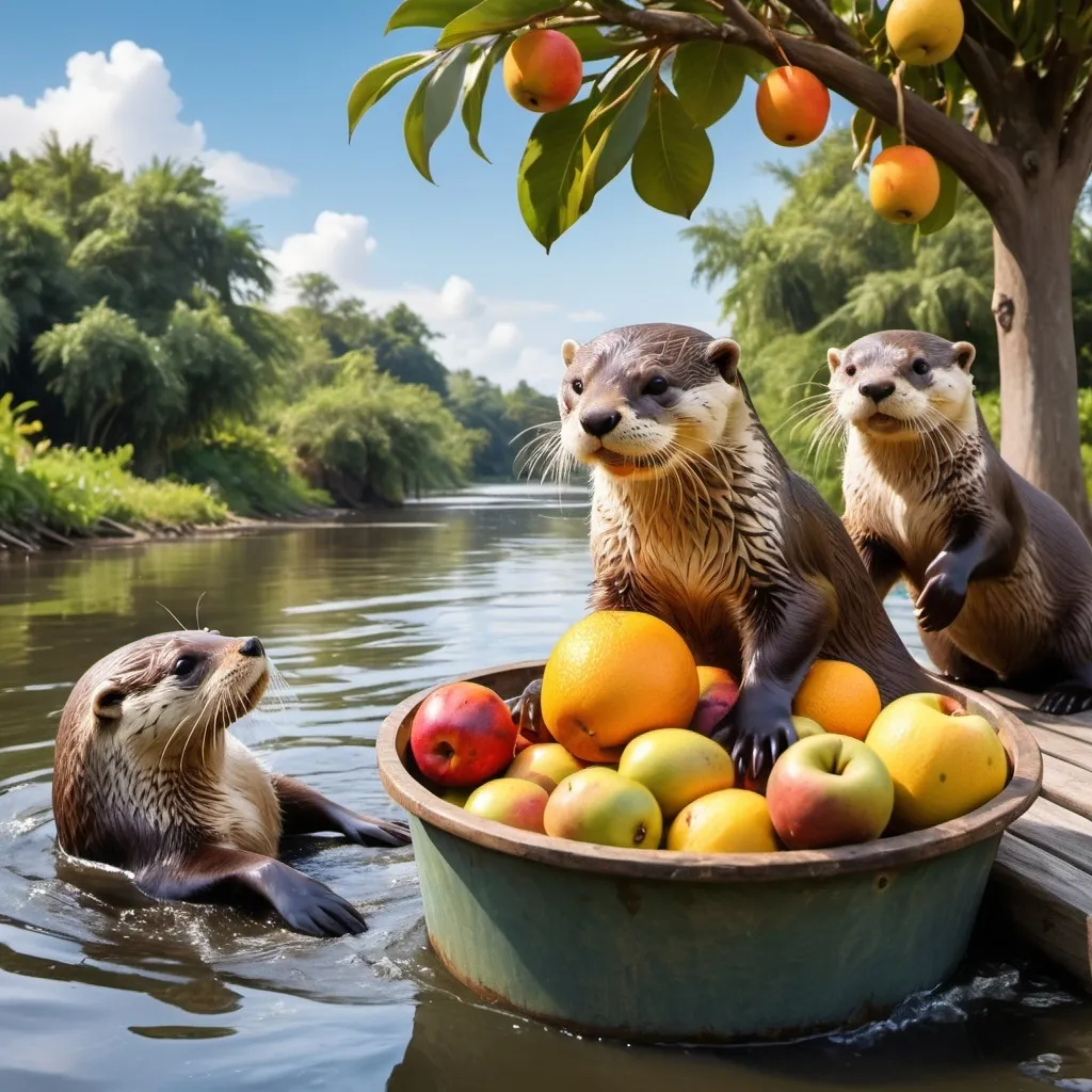 Prompt: Overflowing bucket of tropical fruit on a dock spilled into a river with River otters. The otters are playing with the fruit. Some fruit is floating downstream. The sky is bright and there are fruit trees along the river