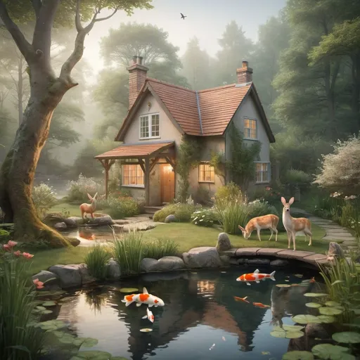 Prompt: Woodland cottage with a koi pond in a forest clearing. Misty and two deer. Rabbits and birds.