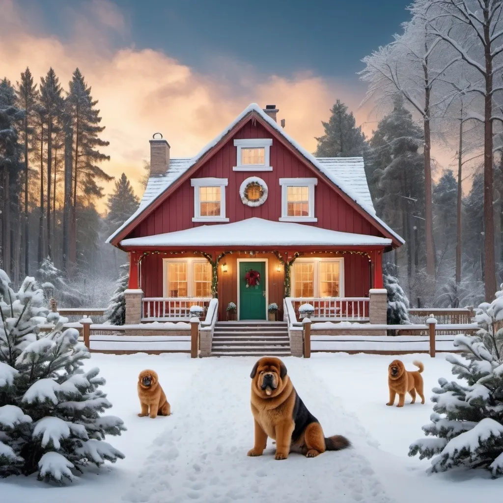 Prompt: Small House in pine woods with large fenced yard with Tibetan Mastiff dogs all around. Winter morning sky starting to snow, snowman in the yard, Christmas lights on the house 