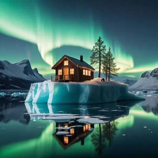 Prompt: A flat floating iceberg with a cabin on it with the windows lit up and the northern lights in the sky above. Strings of lights on the cabin and a potted tree on the iceberg. Penguins are in the water  