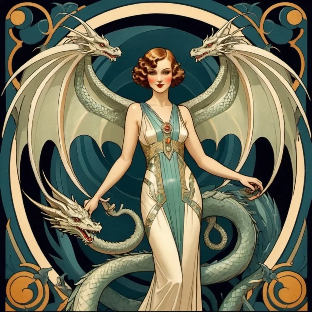 Prompt: Art deco woman with wings and dragons