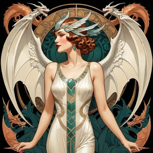 Prompt: Art deco woman with wings and dragons