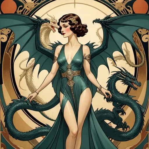 Prompt: Art deco woman with wings and dragons