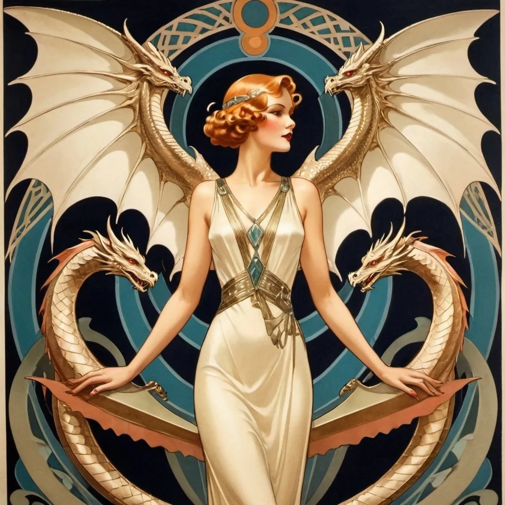 Prompt: Art deco woman with wings and dragons