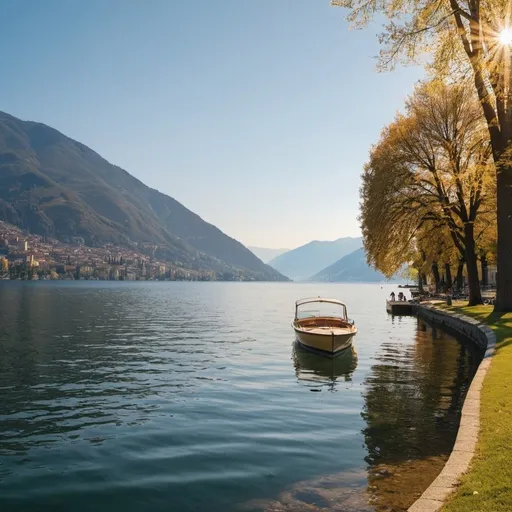 Prompt: photo of como lake on a sunny day.make it with brighter colors and a little more contrast. golden light and crispy water and show a boat of lovers


