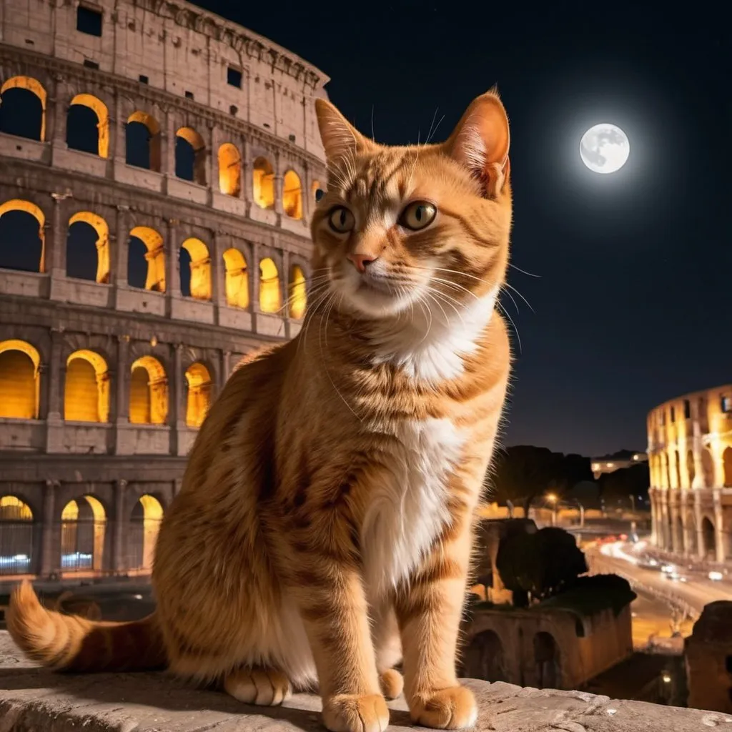 Prompt: Reddish cat at night close to Colosseum, just a glipse of Colosseum seen by front. Make the cat more realistic and show less of the Colosseum


