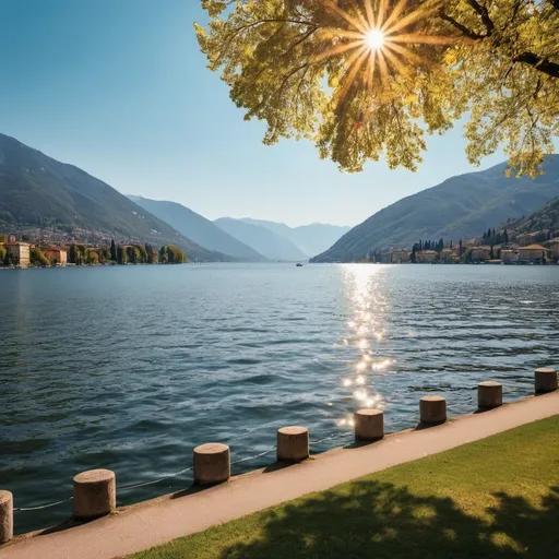 Prompt: photo of como lake on a sunny day.make it with brighter colors and a little more contrast. golden light and crispy water and show a boat of lovers


