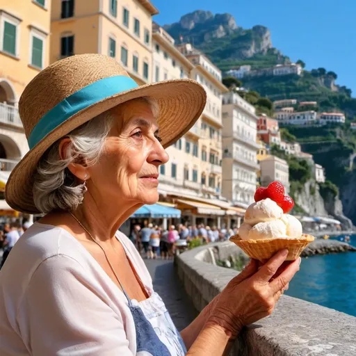 Prompt: photo of old italian lady with a romantic italian hat in Amalfi town on a sunny afternoon with gelato. Picture her from a side view


