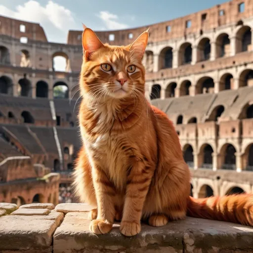 Prompt: Realistic digital painting of a red cat inside the Colosseum, warm tones, natural lighting, rich fur with intricate details, high quality, detailed, realistic, real, digital photo, real tones, natural lighting, detailed fur, majestic, regal, professional