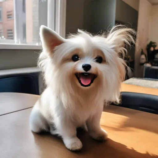 Prompt: a cute dog is sitting on the table