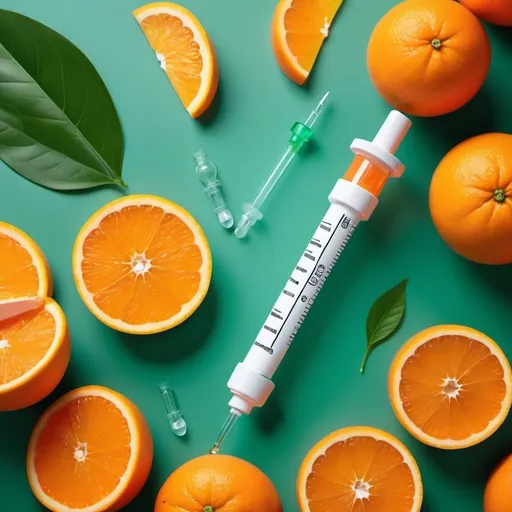 Prompt: I need an advertising image with a bright, clean background, predominantly white, with touches of green and orange that symbolize health and energy.
The Central element is a sleek and modern syringe with a bright orange liquid inside, indicating the injectable vitamin C.
Place some fresh and juicy orange slices scattered around the syringe with some fresh green leaves, to give a feeling of naturalness and freshness.
Remove all the letters from the syringe.
The style should be modern and clean, with vibrant colors and a minimalist approach to design to attract attention and convey a clear message.
Without text. Only images, but realistic images