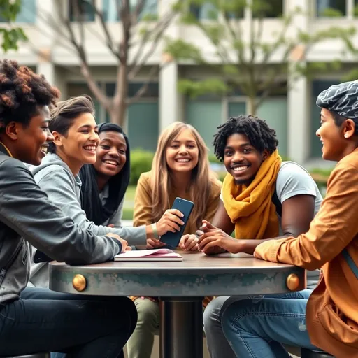 Prompt: A group of diverse young students, laughing and working together around a table. They are in conversation, sharing ideas, with different cultural backgrounds that radiate strong unity and solidarity. The statue symbolizes diversity, cooperation and an inclusive community.