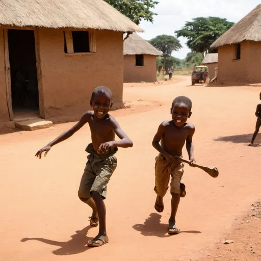 Prompt: boys playing in village in africa