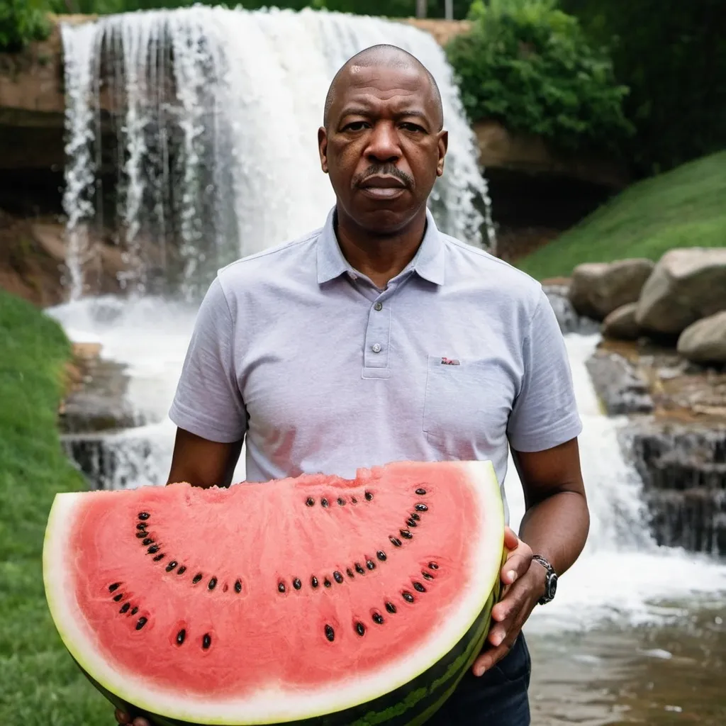 Prompt:  George floyd with a watermelon waterfall behind him