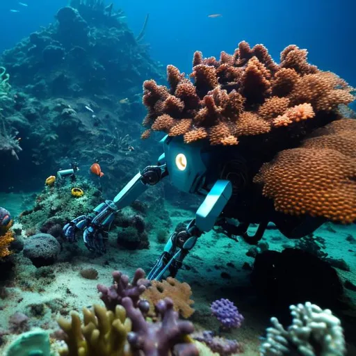 Prompt: a robot fixes a broken coral under the sea
 