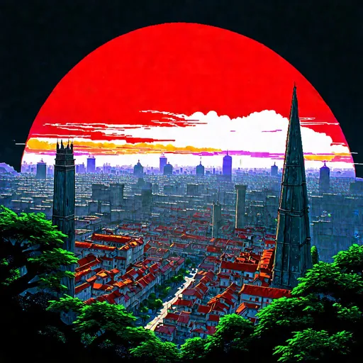 Prompt: An epic scene of a fantasy city , red sky and black sun