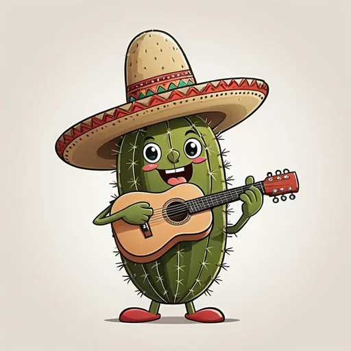 Prompt: sombrero cactus cartoon singing and dancing  with white moustache and playing an guitar
