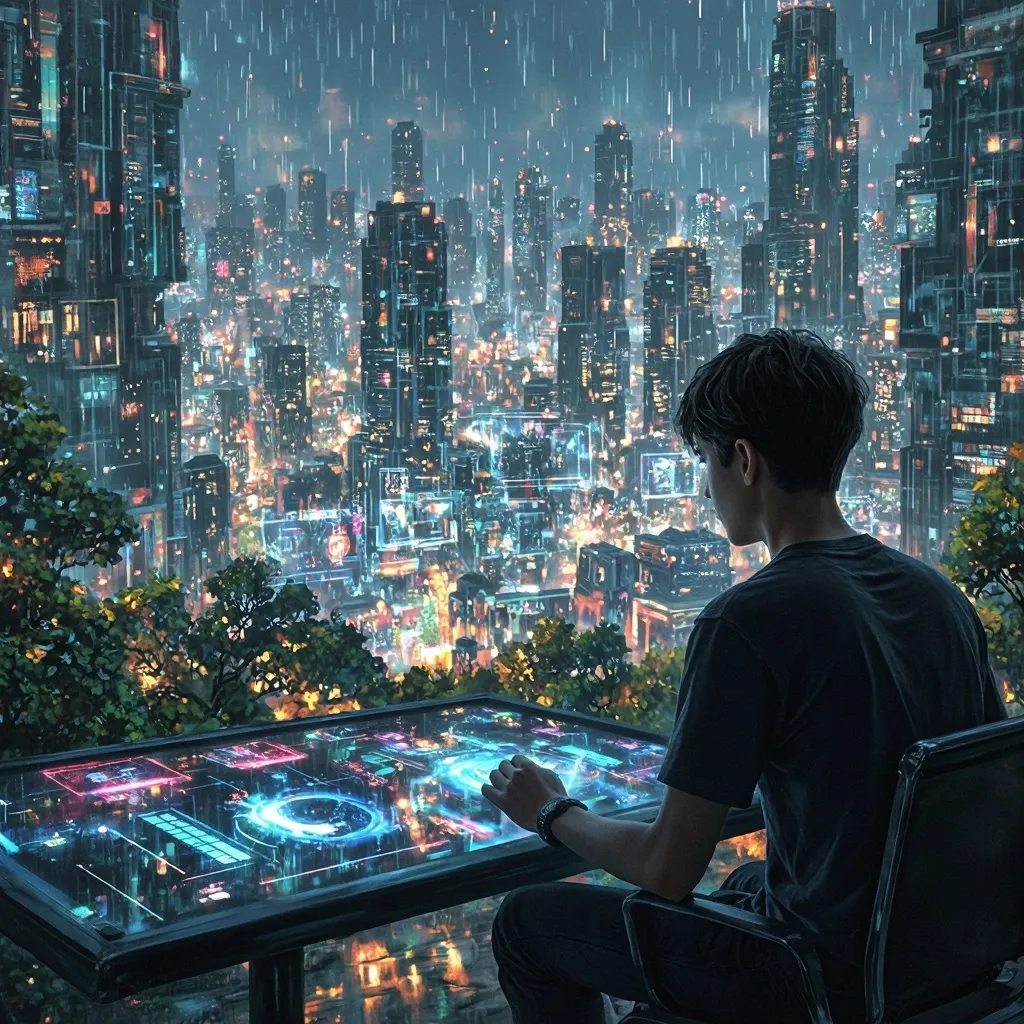 Prompt: A adult boy controling the futurestic city with AI