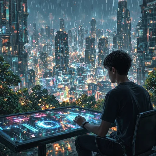Prompt: A adult boy controling the futurestic city with AI