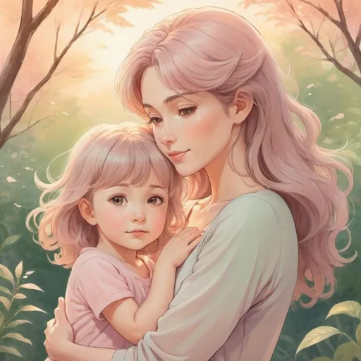 Prompt: Anime illustration of a loving mother and child, warm pastel colors, lush nature background, detailed hair with soft highlights, gentle and nurturing expression, high quality, anime, motherhood, pastel tones, detailed hair, nurturing, loving, peaceful, nature, warm lighting