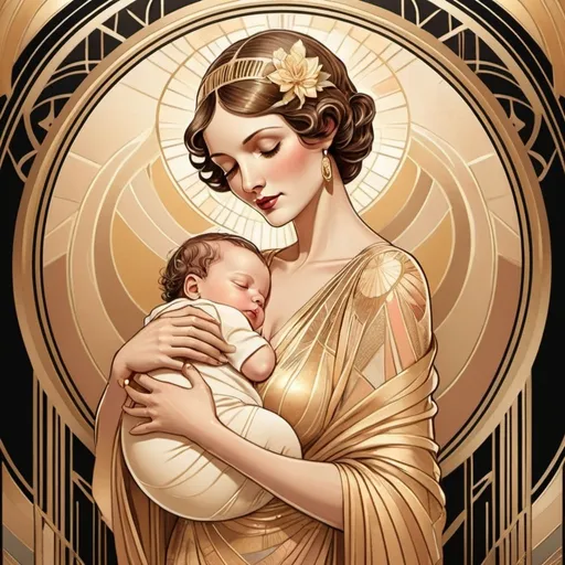 Prompt: Art deco illustration of a radiant mother embracing her newborn, warm gold and pastel colors, elegant and intricate geometric patterns, luxurious and detailed textures, soft and tender expression, gilded surroundings, high quality, elegant, art deco, radiant mother, newborn, intricate patterns, warm colors, luxurious textures, tender expression, gold accents, detailed illustration, soft lighting