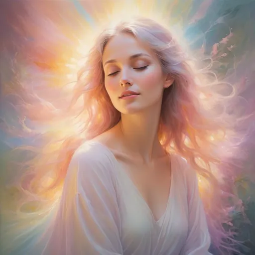 Prompt: Beautiful soul in ethereal surroundings, oil painting, radiant aura, flowing pastel colors, divine warmth, soft and luminous lighting, high quality, oil painting, ethereal, radiant, pastel colors, divine warmth, luminous, soft lighting